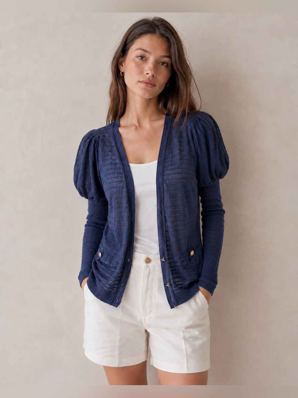 Stella McCartney Linen & Cashmere Cardigan Stripes Puff Sleeve Purple Black S M 